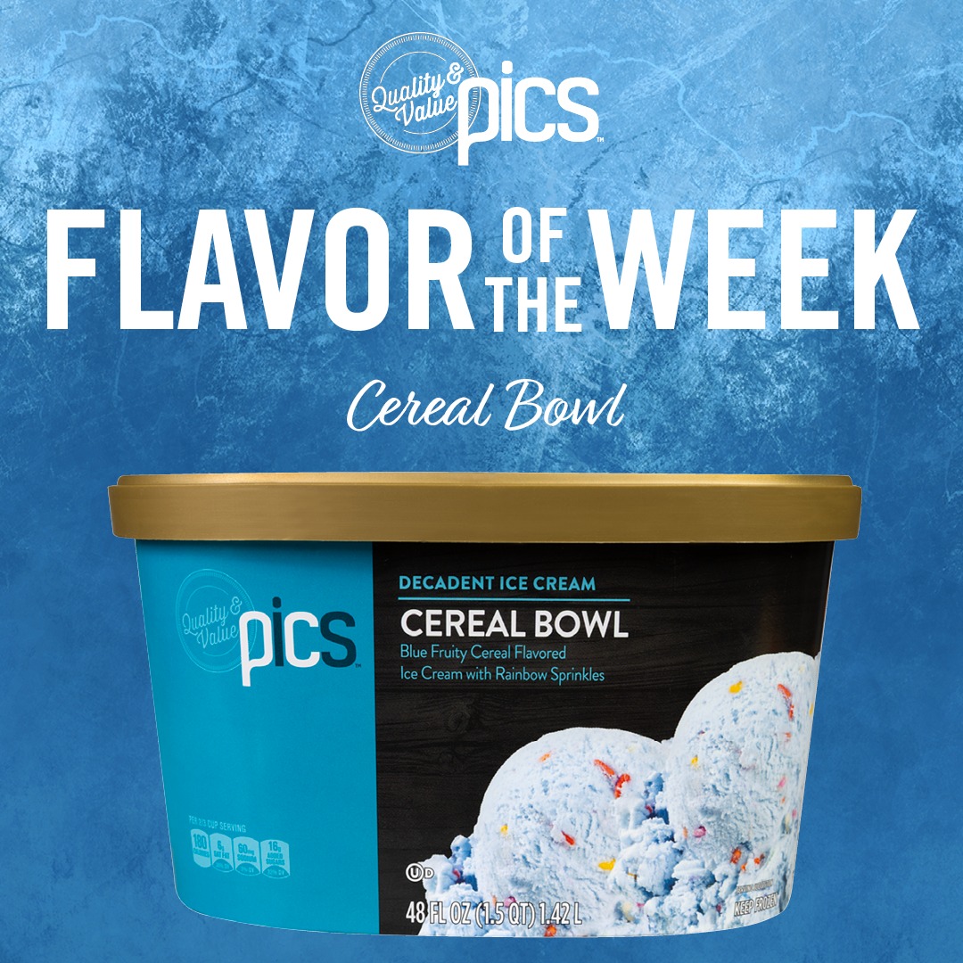 Price Chopper’s ice cream selections include  “PICS Cereal Bowl” ice Cream, made with  blue fruity cereal-flavored ice cream with rainbow sprinkles.